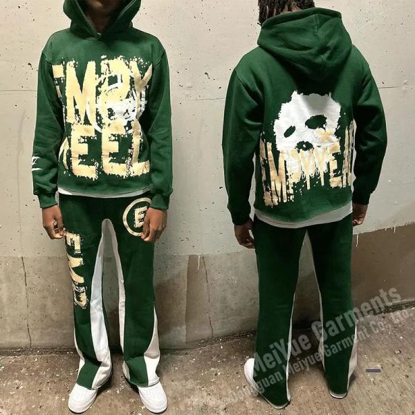 Custom Streetwear Cropped Hoodie Men Vintage No String Pullover Cut and Sew Hoodies Flared Sweatpants and Hoodie Set
