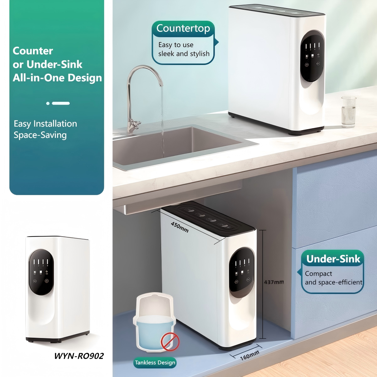 Dual Installation Under Sink Countertop RO System 600GPD With 5 Stage Filtration