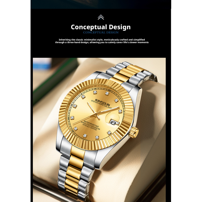 Two Tone Gold Silver Fluted Bezel Men Business Watch Stainless Steel Bracelet Calendar Luminous Waterproof Dress Quartz Wristwatch Multi Dial Colors