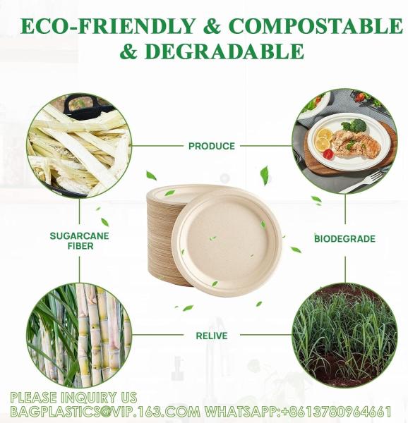 10 inch Compostable Plates Heavy-Duty Disposable Paper Plates Bagasse Natural Biodegradable Eco-Friendly Sugarcane