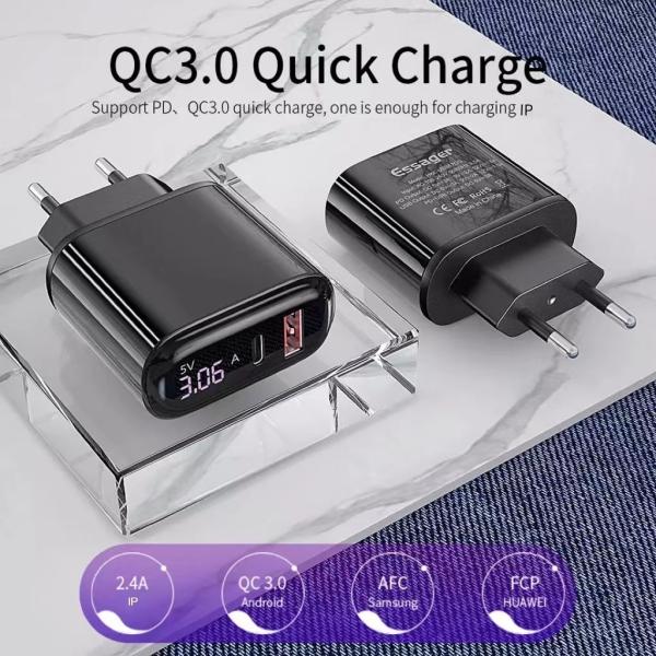 エッサジャー 2021 輝くLEDディスプレイ 3A 急速充電 USB型充電ケーブル USB PD QC3.0 携帯電話充電器
