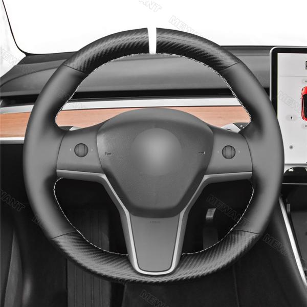 Custom Hand Stitching Black PU Leather Matt Carbon Steering Wheel Cover for Tesla Model 3 Model Y