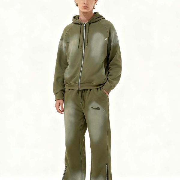 Custom Joggers Distressed Acid Wash Blank Men's Tracksuit Oversized Cotton Printed Embroidery Flared Hoodie and Sweatpants Set