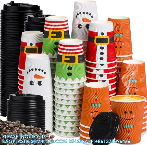 Christmas Disposable Coffee Cups 12 Oz Insulated Ripple Wall Cup With Lid, Xmas Disposable Coffee Espresso Cups