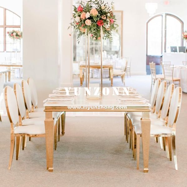 Modern Gold Stainless Steel Mirrored Glass Top Dining Table for Hotels Weddings Parties Outdoor Events for Banquets