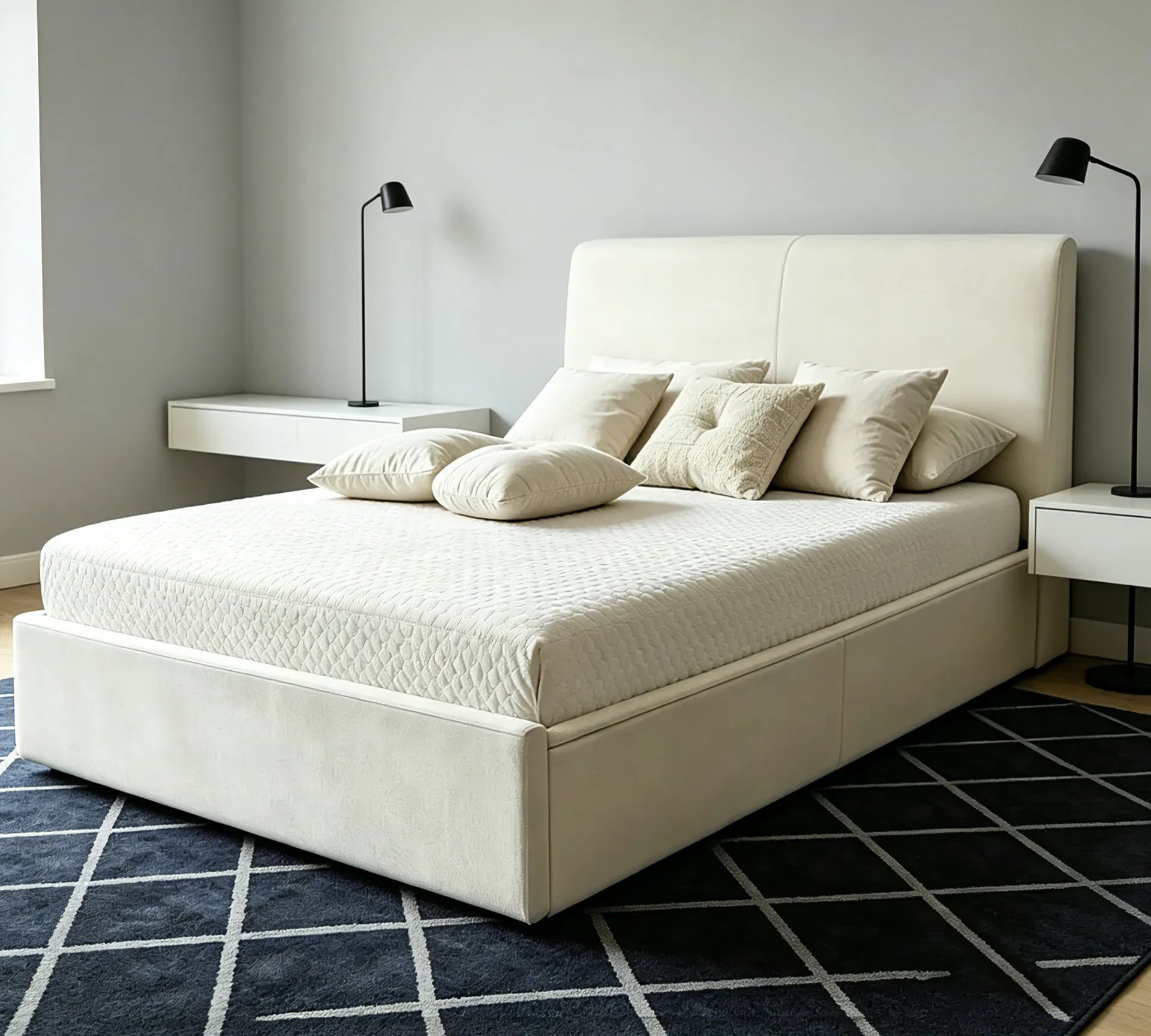 Luxury Style Wooden King Size Bed with Upholstered Headboard Design