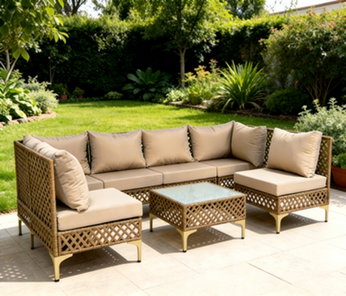All Weather PE Rattan Wicker Outdoor Patio Furniture Set L Shaped Sectional Sofa 2 Coffee Tables Single Chair for Garden