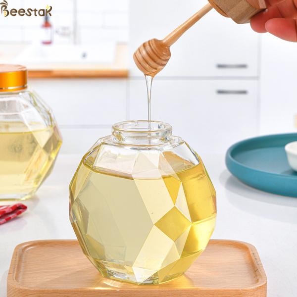 Tampa de Honey Hexagon Jar With Wooden do vidro 380ML e barra de madeira do respingo