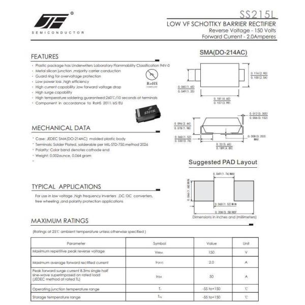 SS215L 2A 150V Schottky Barrier Rectifier Diode in SMD Package for Low Leakage Current