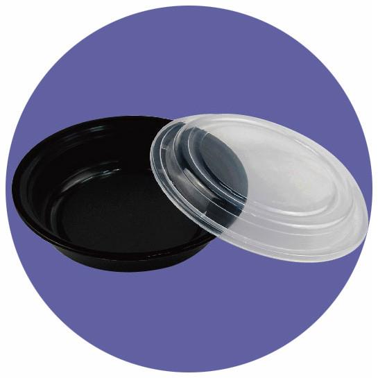 DISPOSABLE PLASTIC ROUND BOX, BLACK/WHITE BASE, WITH CLEAR LID/COVER, GOOD QUALITY, FOOD GRADE MATERIAL