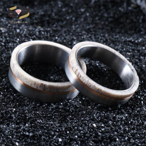 Unique and Eye-catching 8mm Handmade Natural Deer Antler Ring Inlay Rose Gold Circle Tungsten Wedding Rings for Men