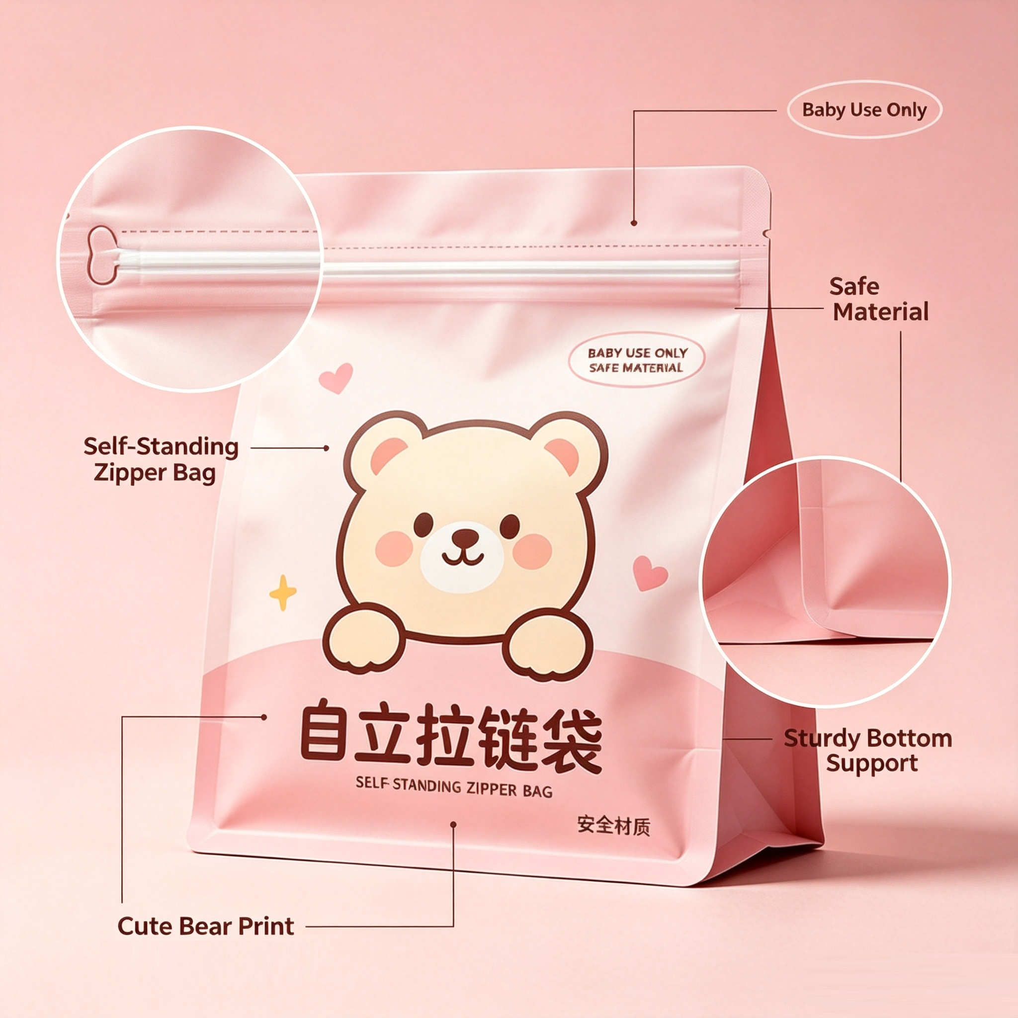 Custom Printed Stand-Up Zipper Pouches For Baby Snacks, Milk Powder & Dry Foods | Food Grade Resealable Stand Up Zip Bags OEM Cartoon Printing
