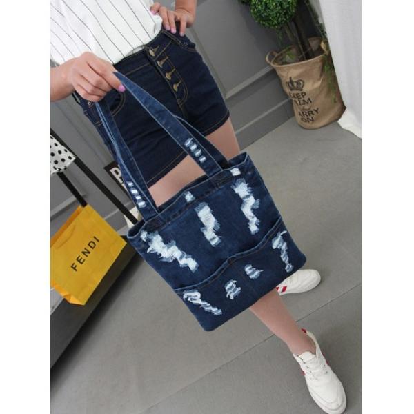 Summer fashion hole jeans female Korean fashion large capacity bag shoulder bag shopping bag