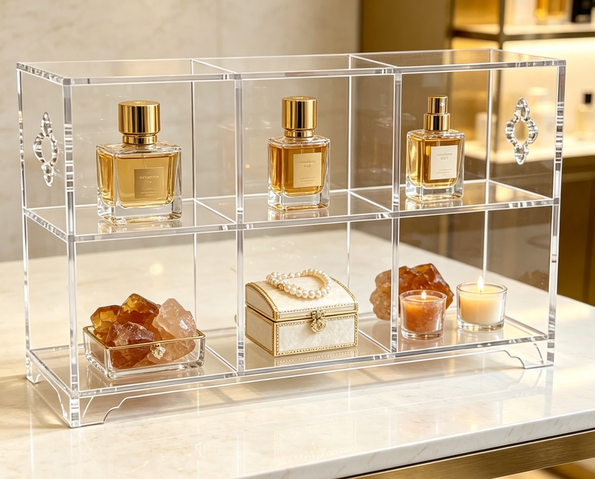 Clear Acrylic 6 Compartment Display Stand, Luxury Desktop Organizer for Perfume, Jewelry, Teaware & Premium Collectibles