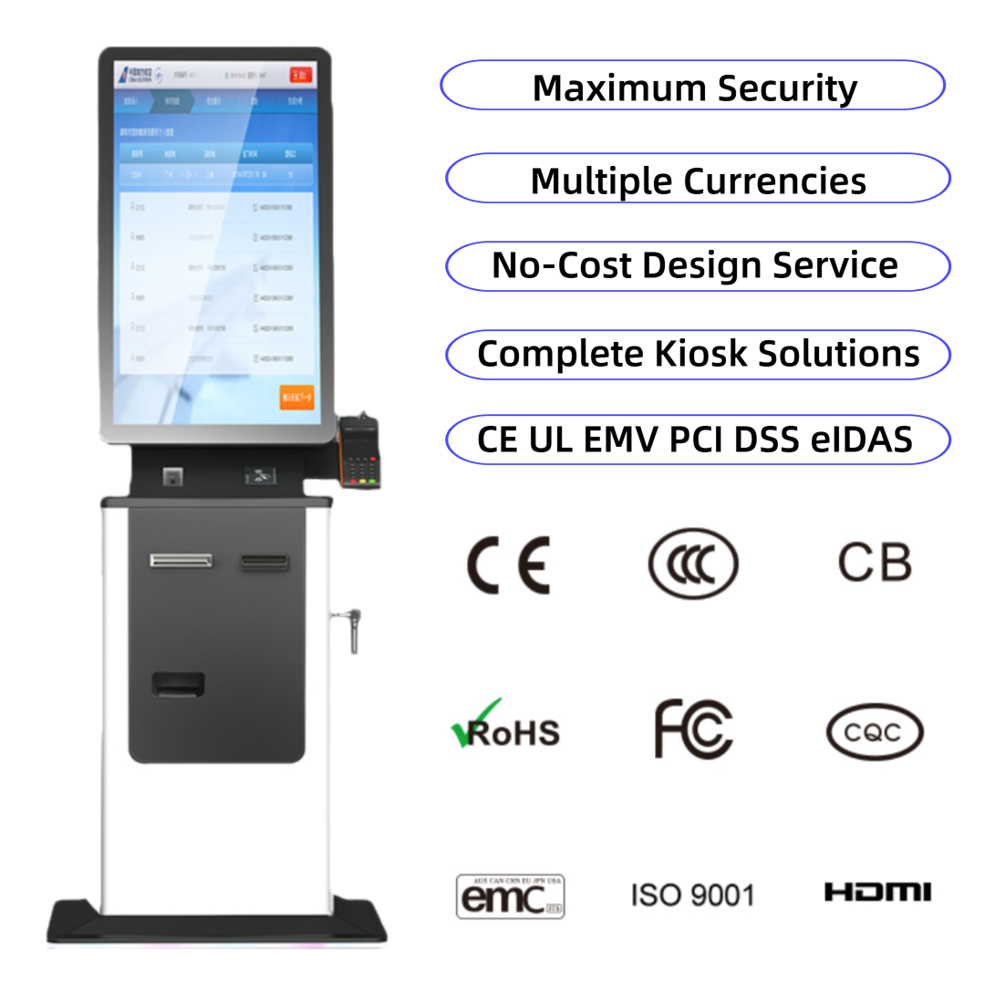 27/32 Inch Hotel Hospital Check Self Service Card Dispenser Passport Scanner Ticket Printer Cash Acceptor Payment Kiosk SDK