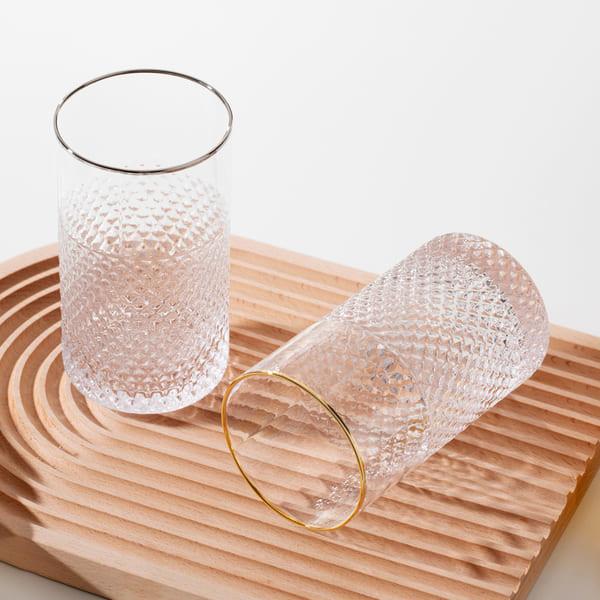 Diamond Cut Highball Glass Drinking Cups Gold Silver Rimmed 18 Ounce Mouth Blown