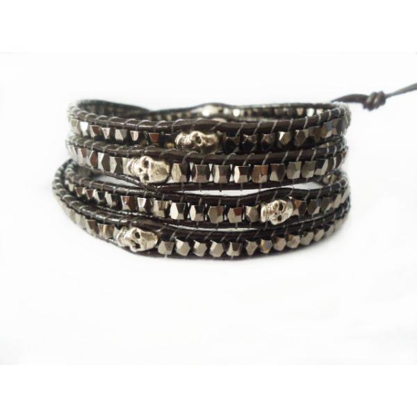 72cm Skull Leather Wrap Bracelet / Black Skull Wrap Bangle Bracelet Wholesale