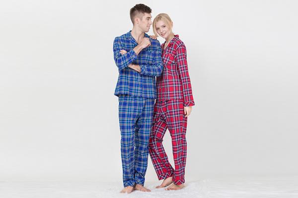 Lovers Pyjamas Cotton Yarn Dyed Check Flannel Long Sleeve Long Pants Satin Piping Pocket Satin Fabric Covered Buttons
