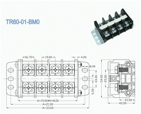 Сильнотоковый тангаж 600V 60A разъема 19.00mm терминального блока барьера PCB