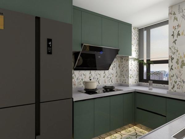 U-Shaped Stainless Steel Kitchen Cabinet With Elegant Green Finish