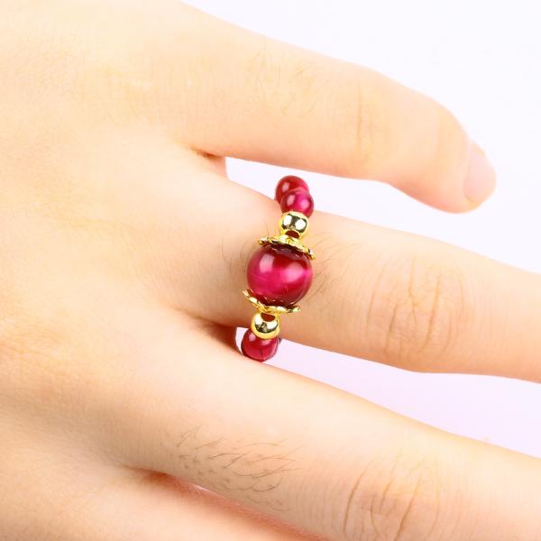 4MM Rose Red Tiger Eye Crystal Stretch Round Bead Ring Healing Stone Adjustable Ring For Unisex