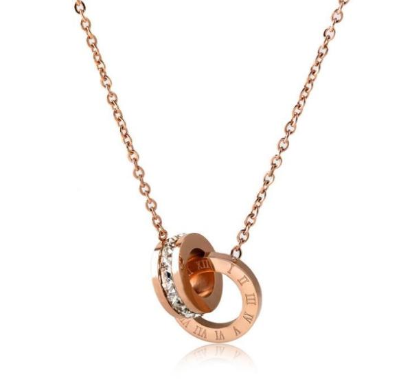 Factory Price Stainless Steel Women Jewelry Fashion Diamond Necklace Double Ring Roman Numeral Necklace