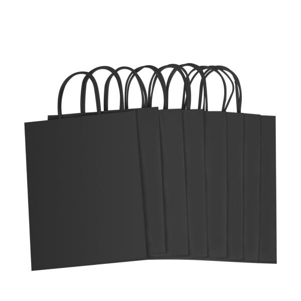 Exhibición Bolsas de papel Kraft negras personalizadas con su propio logotipo y mango de longitud de mano