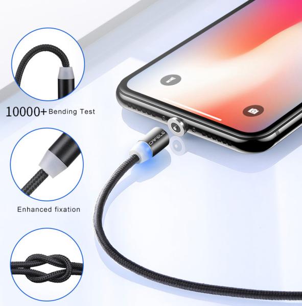 Cabo USB Magnético 3 em 1 Trançado em Nylon Micro Tipo C 8 Pinos