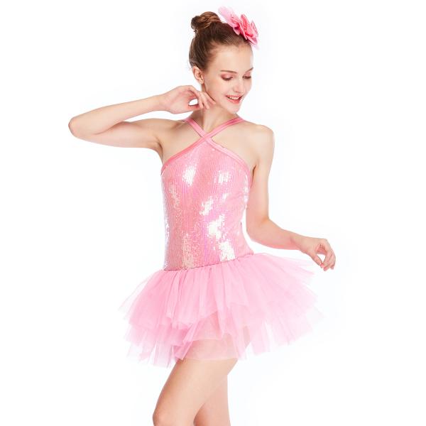 Pink Ballet Dance Tutu Dress Sequins Bodice Dance Solo Duet Costumes Stage Competitions Performance