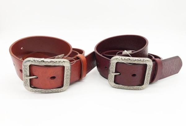 Flower Pattern Square Buckle Embossed Leather Belt Custom Design Red / Orange Color