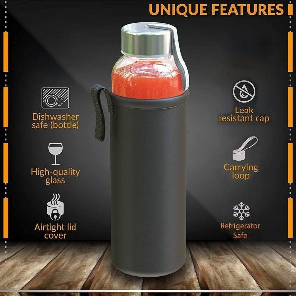 Clear Glass Water Bottles, Reusable Glass Juicing Bottles Protection Sleeve and Stainless Steel Leak Proof Lids