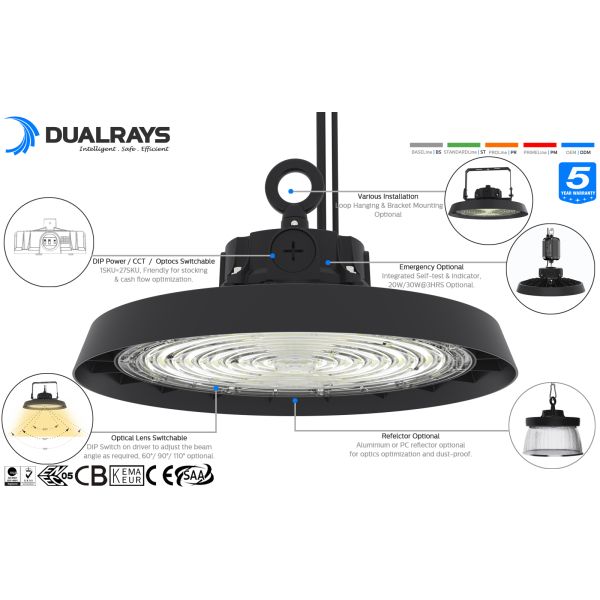 Europe Warehouse HB5 highbay lighting solution with multiple beam angles 3 CCT options and smart sensor compatibility for illumination