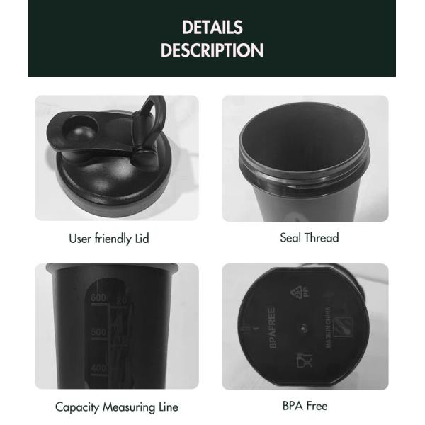 Custom Logo 400ml 600ml Black Large Sports Fitness Protein Powder Shaker Bottles With Capacity Measuring Line