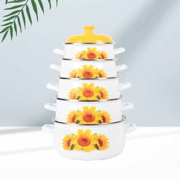 Enamel Casserole Hot Pot Cookware Set 5 PCS Glass Lid Flower Pattern