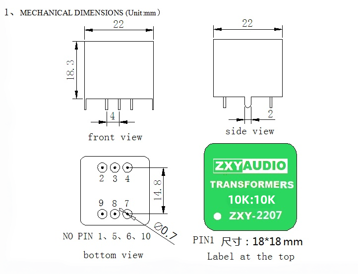 ZXY2207 10K10K Permalloy Audio Isolation Transformer PCB Mount for Ground Loop Noise Reduction with Wide Operating Temperature -20°C to +85°C