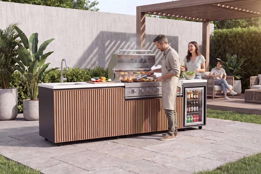 High Output Gas Outdoor BBQ Kitchen Set Hand Brushed Wood Look
