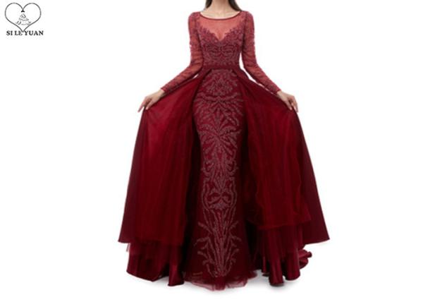 Wine Navy Blue Long Tail Gown , Heavy Beaded 2 In 1 Formal Ball Gowns Long Sleeve