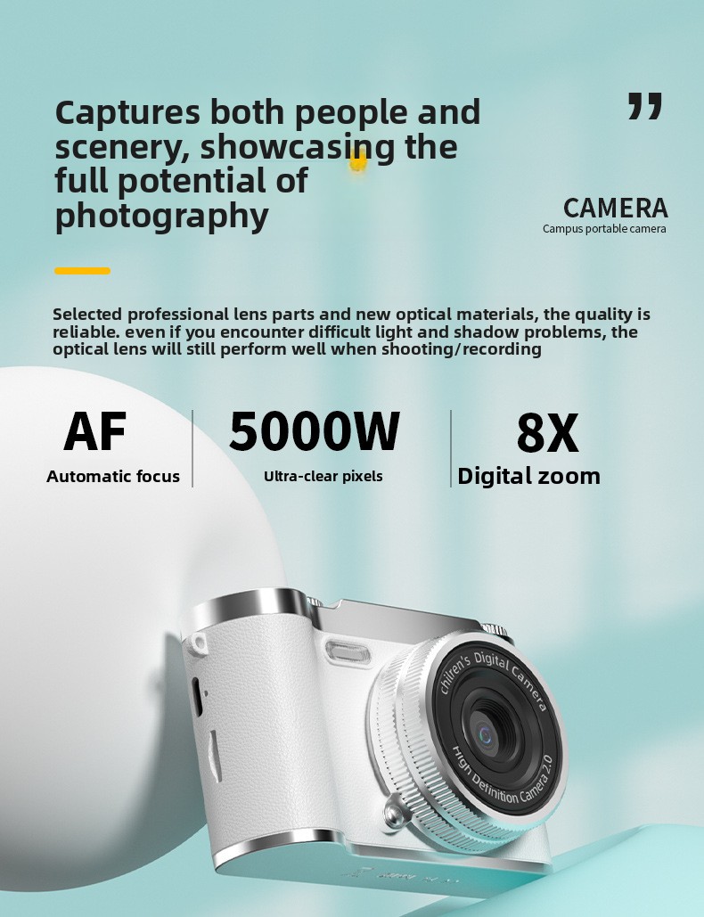 CCD Digital Camera for Self-portraits & Beginners 50MP 8x Optical Zoom Full HD Video Retro Portable Compact Camera Smile Capture