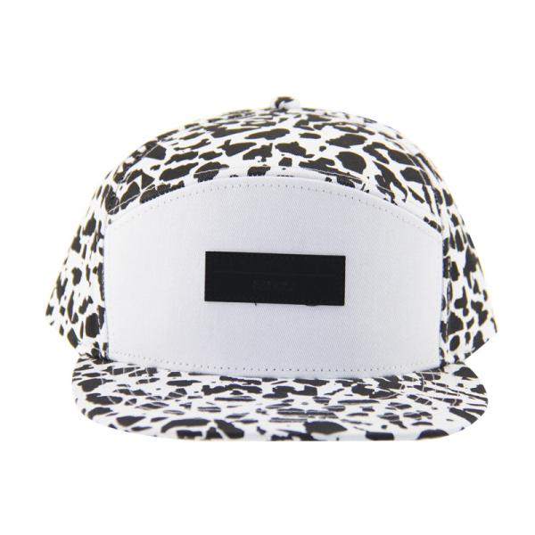 Fashion Allover Print 5 Panel Camp Caps With Leather Patch Embossed Logo On Front