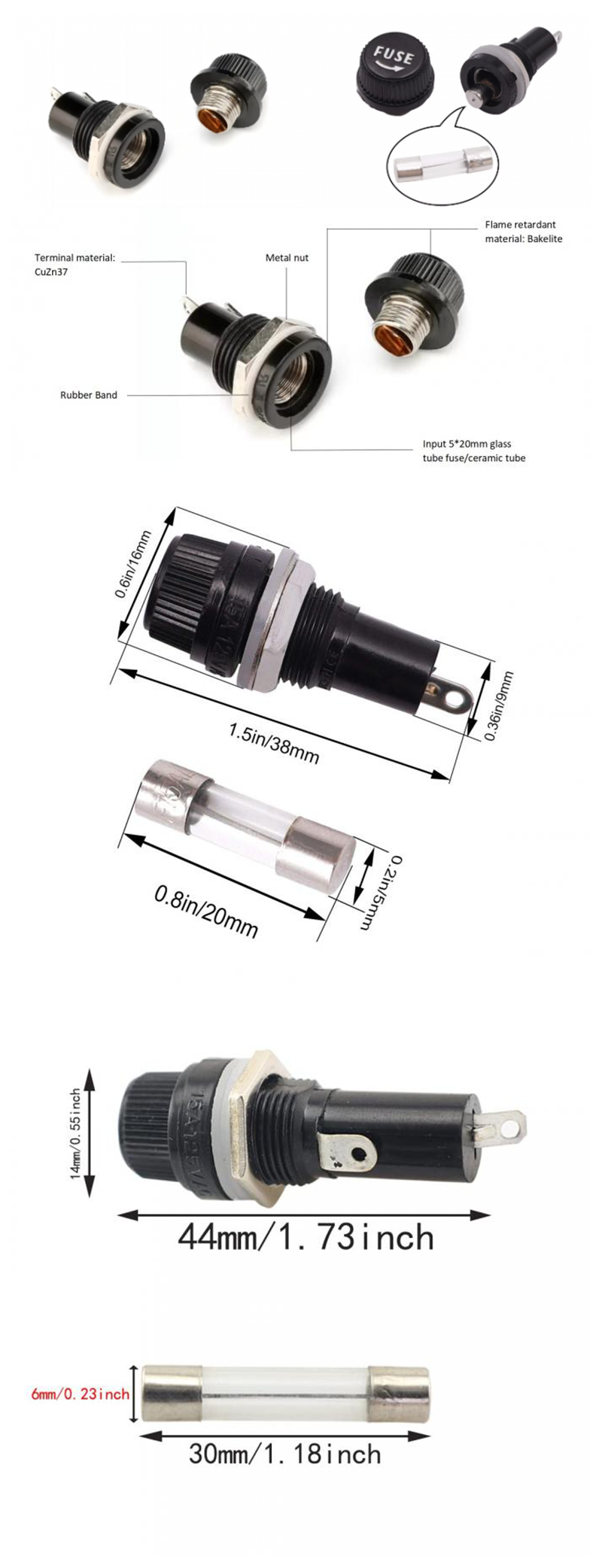 Screw Cap Chassis 6.3A 10A 5x20mm 6x30mm 10x38mm 2AG 3AG 5AG Ceramic Glass Tube Bayonet Panel Mount Fuse Holder