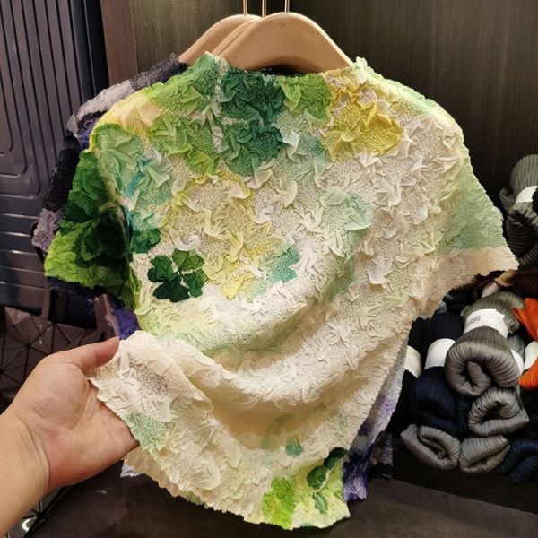 Design Gradient Printed Spring Summer New Elegant Casual Top Half-High Collar Short-Sleeved T-Shirt Loose Pleated