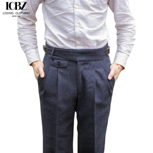 British Herringbone Vintage Woolen Casual Trousers Straight Hemmed Classic Men's Suit Trousers