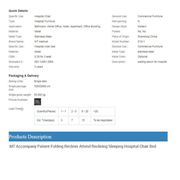 OEM Medical Hospital Beds Folding Attend Hospital Recliner Chair Bed
