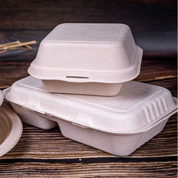 100% Eco-Friendly Biodegradable Compostable Sugarcane Clamshell and Hamburger Box for Restaurants and Takeout