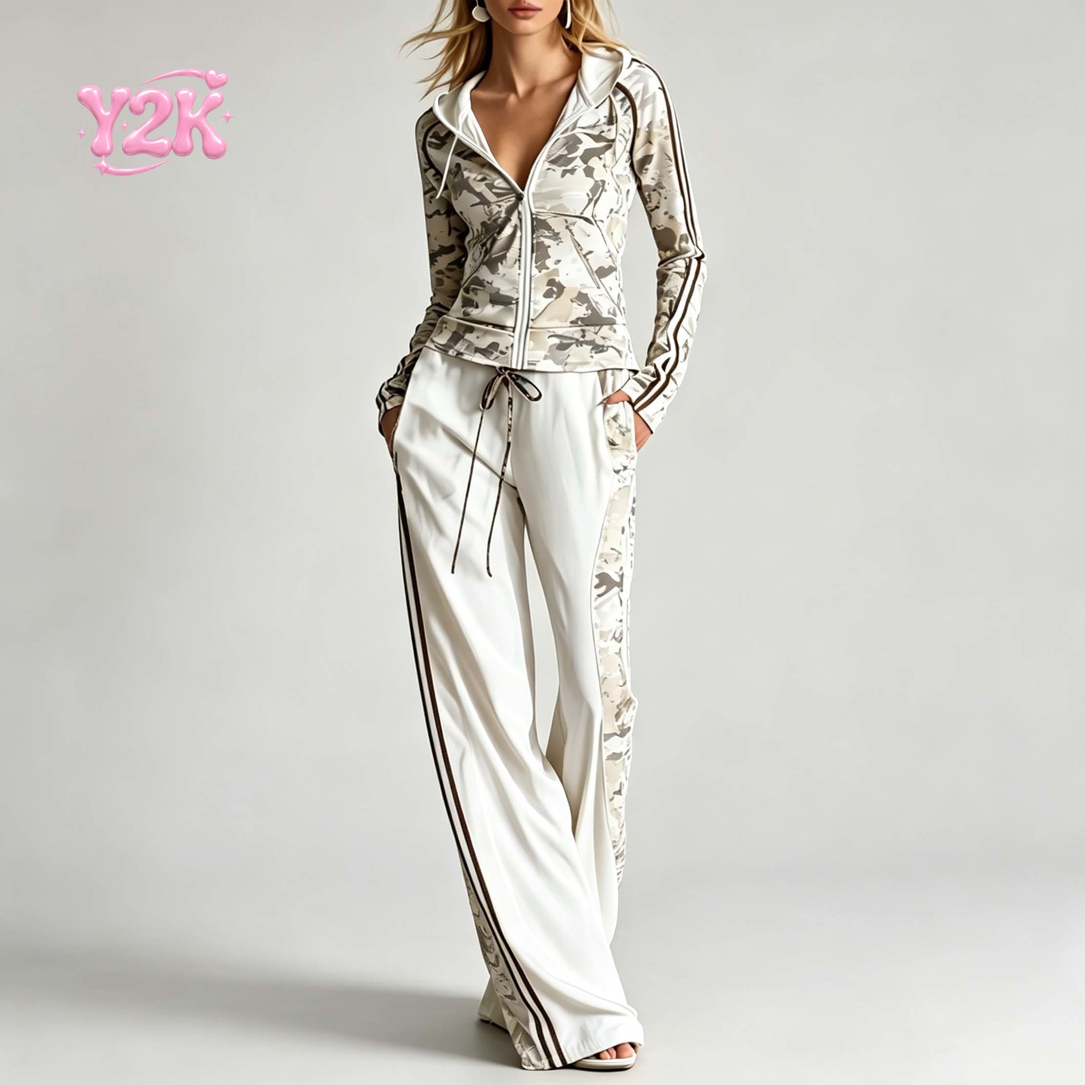 Custom Women's Camouflage Zip Hoodie Wide Leg Pants Set