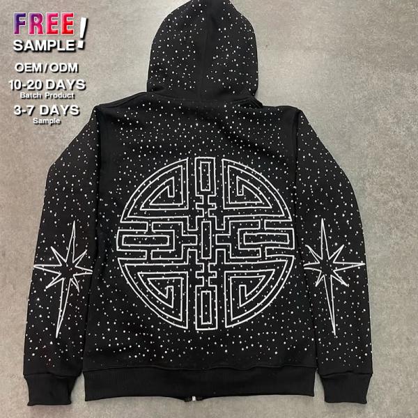 No String Heavy Weight Streetwear Full Zip Hoodie Rhinestone Silk Screen Printed Logo