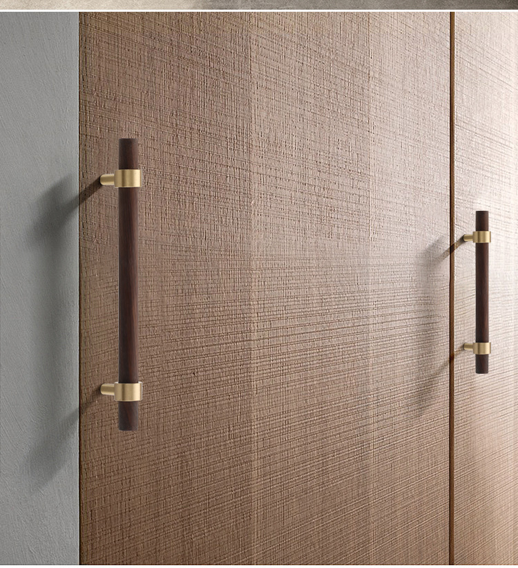 Nordic Gold Minimalist Beech Wood Cabinet Door Handle with Long Brass Pull Natural Wood Style for Wardrobe or Drawer