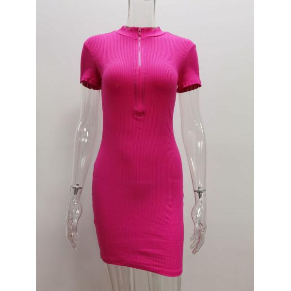 High Necked Elegant Summer Dresses Zip Up Short Sleeved Dress