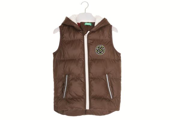 Brown 15/16 Size Kids Padded Gilet With Fur Lining Hood