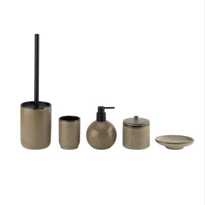 Round Shape Ceramic Bathroom Accessories Set Tawny OEM Ceramic Soap Dispenser With Black Parts